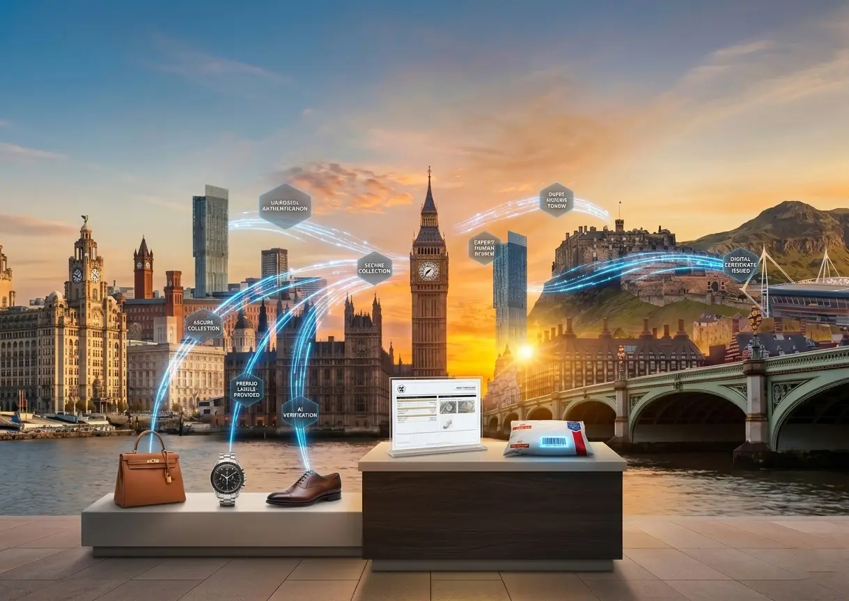 UK-wide door-to-door luxury authentication with tracked Royal Mail collection and return